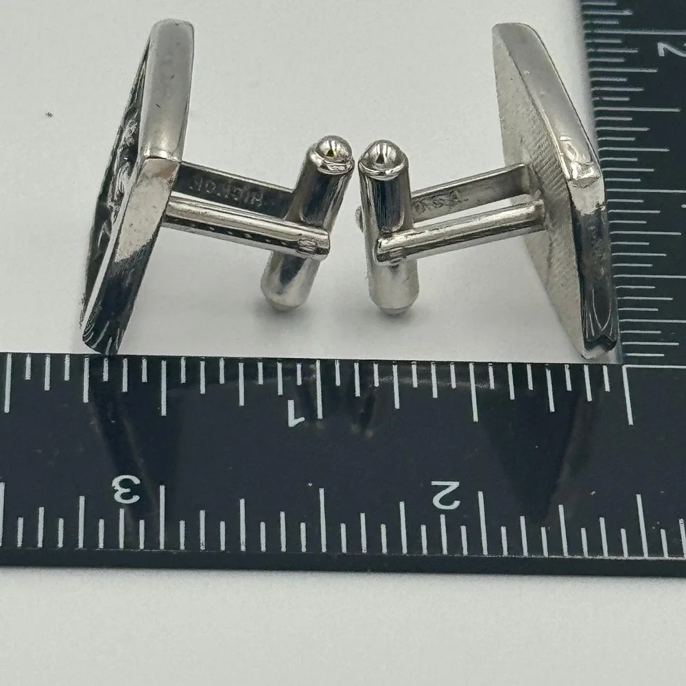 Silver Tone Fly Fisherman Cufflinks Mens Rectangular Fishing Scene‎